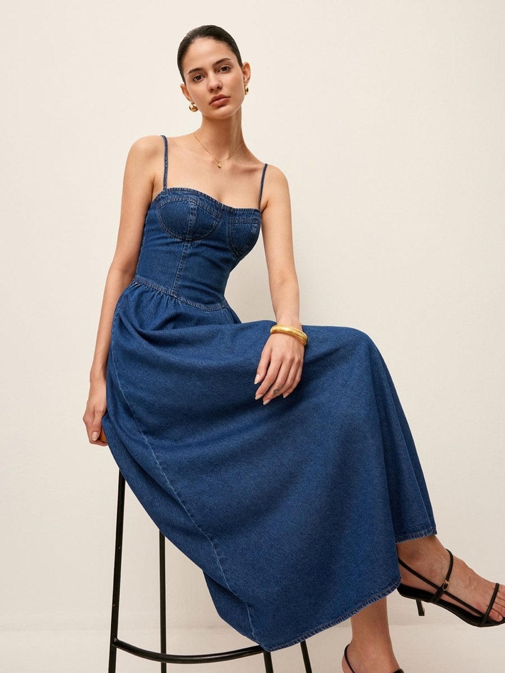 Commense Sweetheart Collar Denim Dress Large - Picture 3 of 5